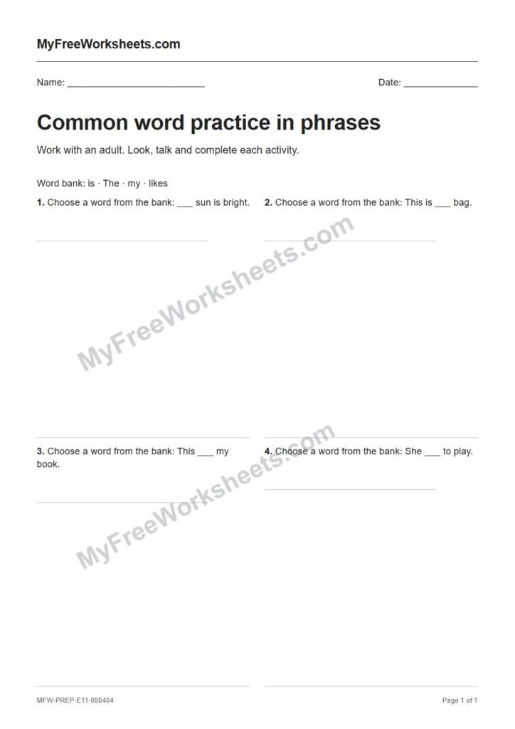 Common word practice in phrases worksheet preview