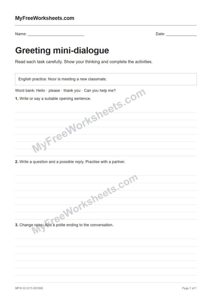 Greeting mini-dialogue worksheet preview