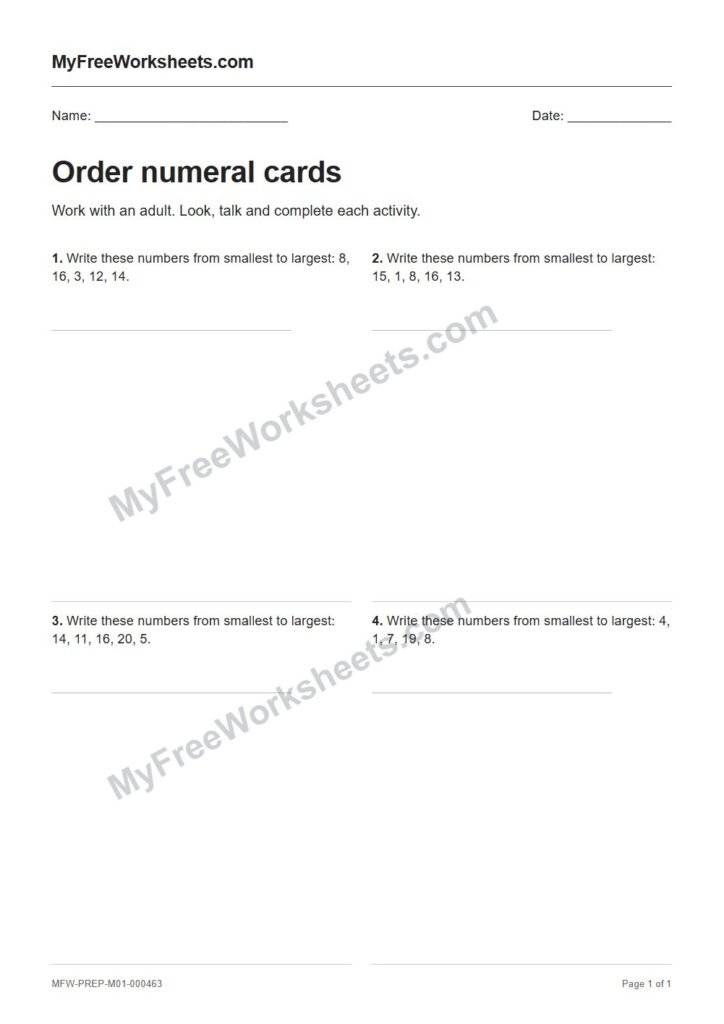 Order numeral cards worksheet preview