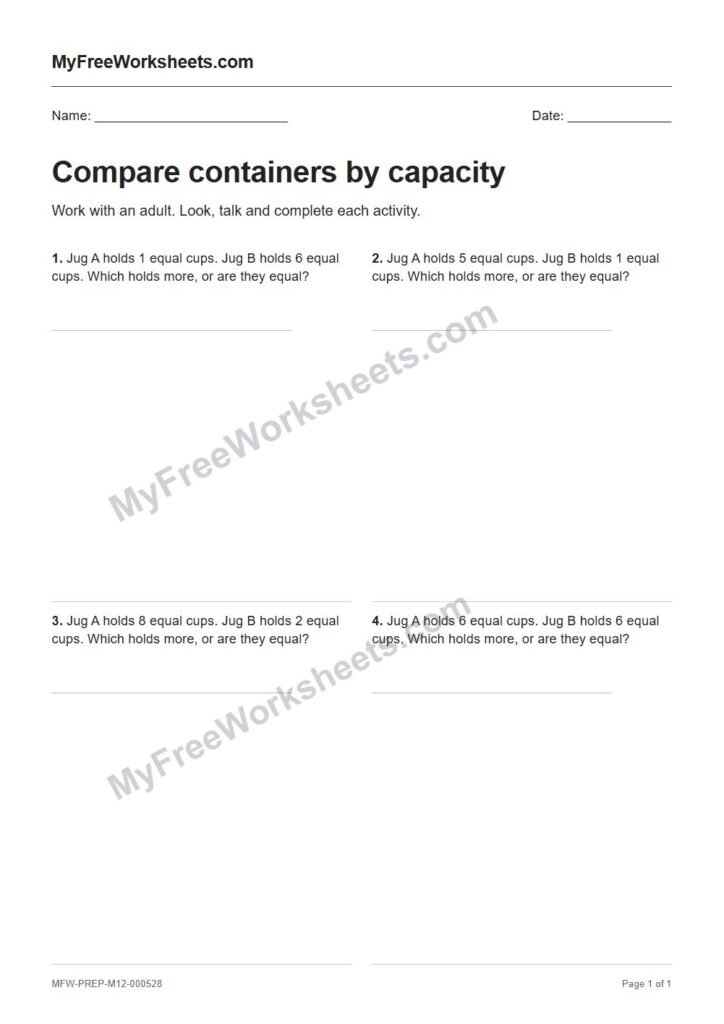 Compare containers by capacity worksheet preview