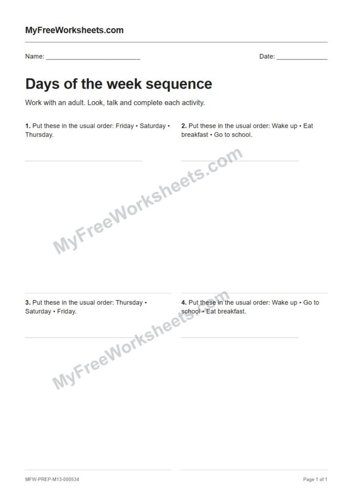 Days of the week sequence worksheet preview