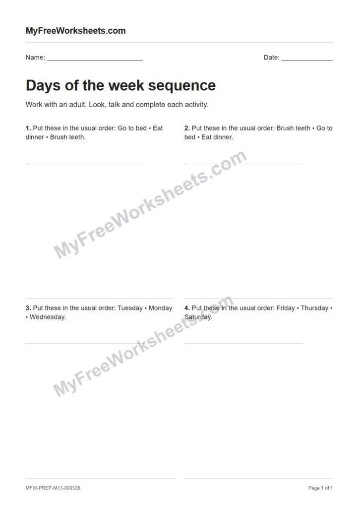 Days of the week sequence worksheet preview
