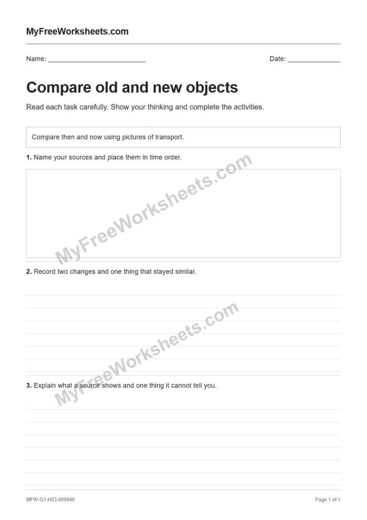 Compare old and new objects worksheet preview