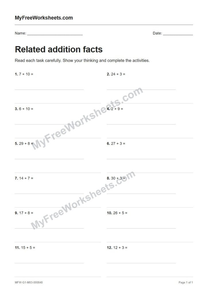 Related addition facts worksheet preview