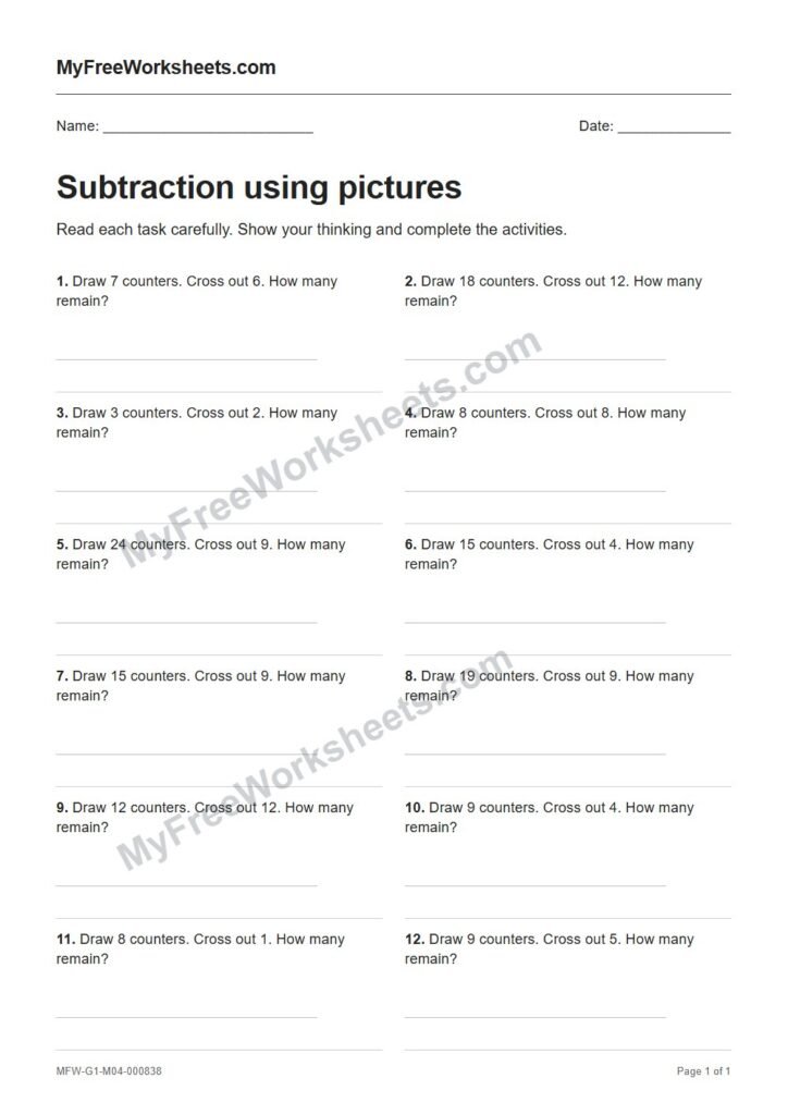 Subtraction using pictures worksheet preview