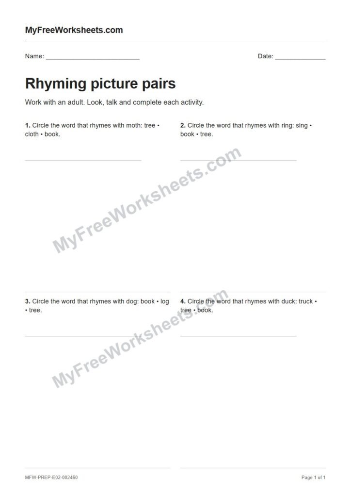 Rhyming picture pairs worksheet preview