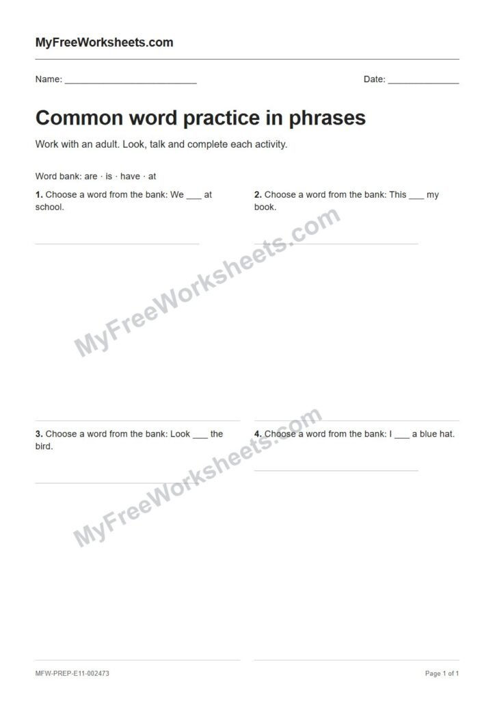 Common word practice in phrases worksheet preview