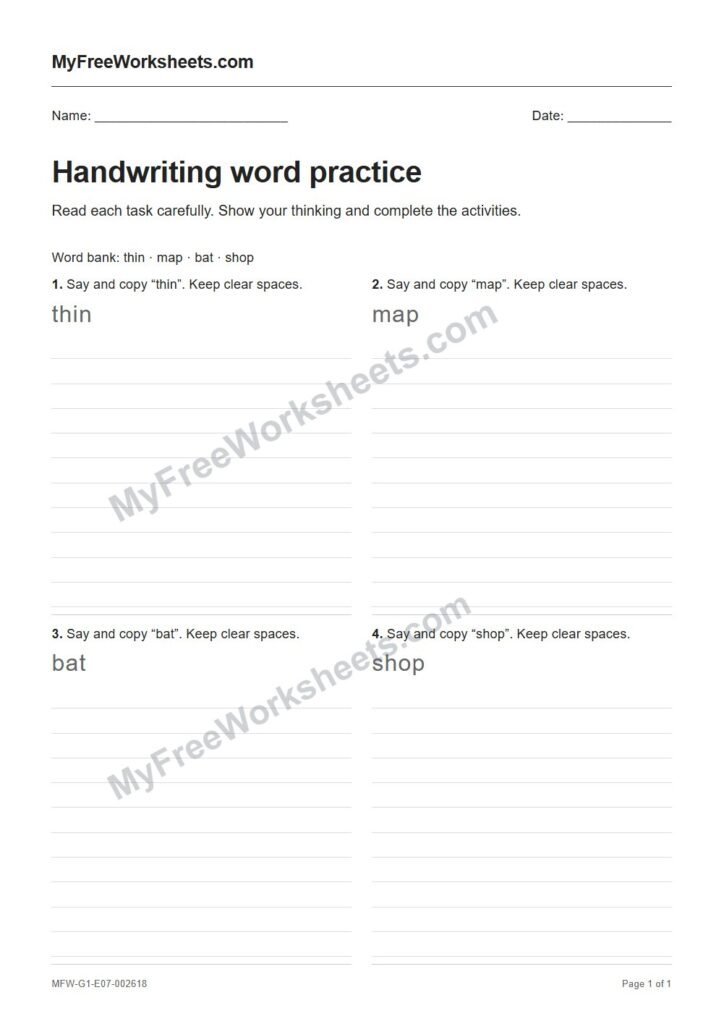 Handwriting word practice worksheet preview