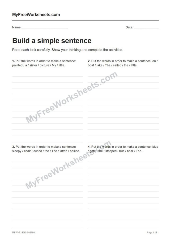 Build a simple sentence worksheet preview