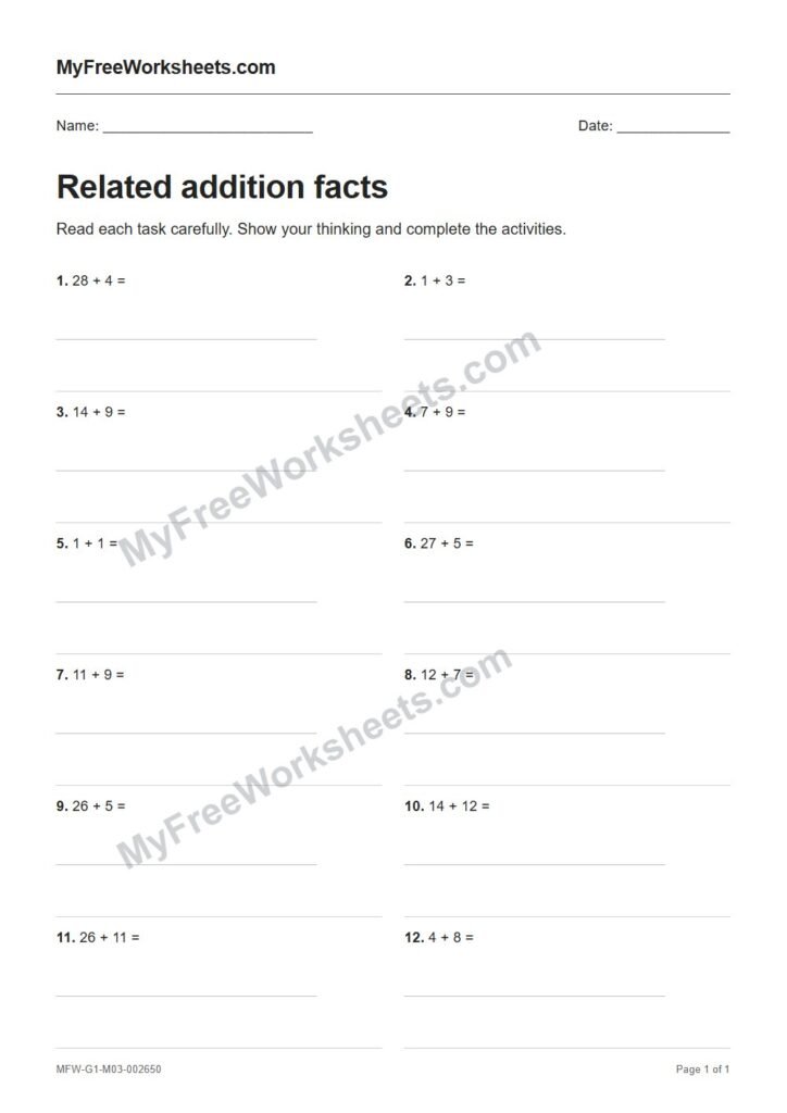 Related addition facts worksheet preview