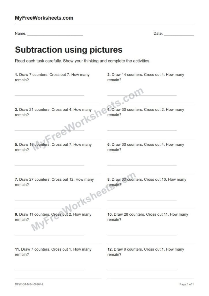Subtraction using pictures worksheet preview
