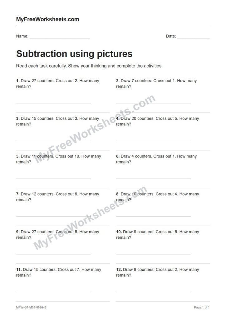Subtraction using pictures worksheet preview