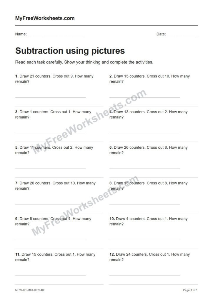 Subtraction using pictures worksheet preview