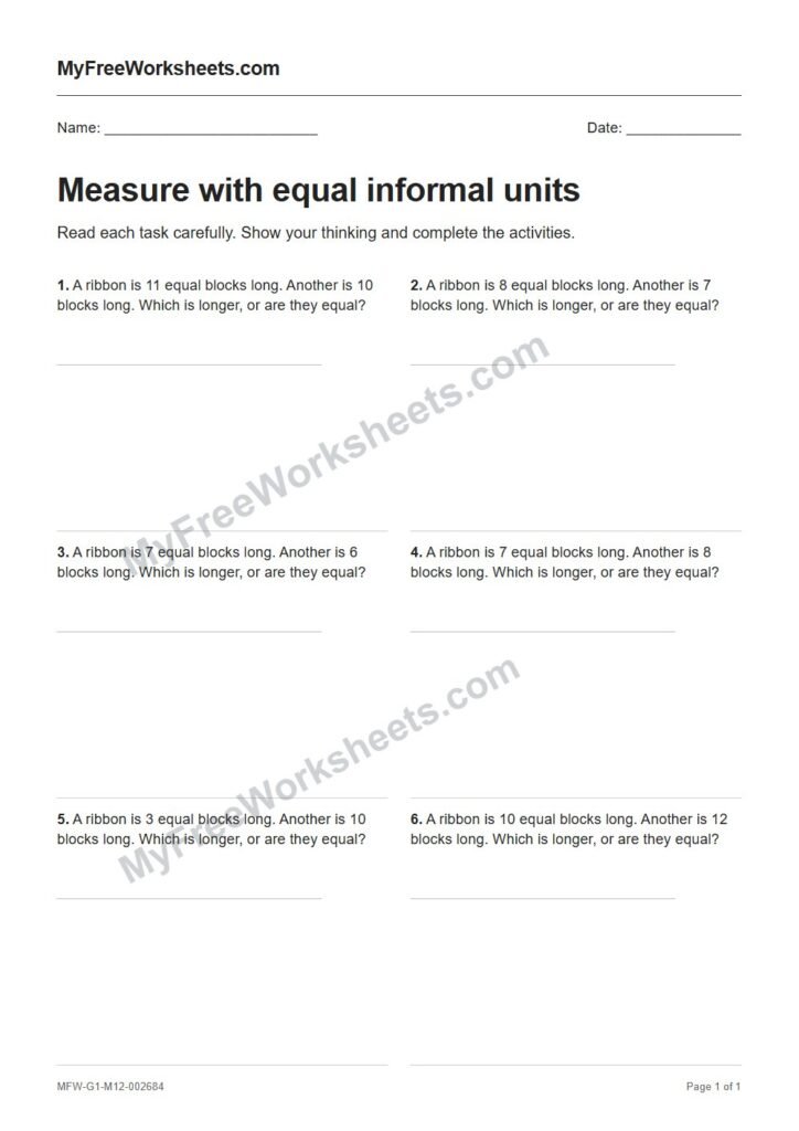Measure with equal informal units worksheet preview