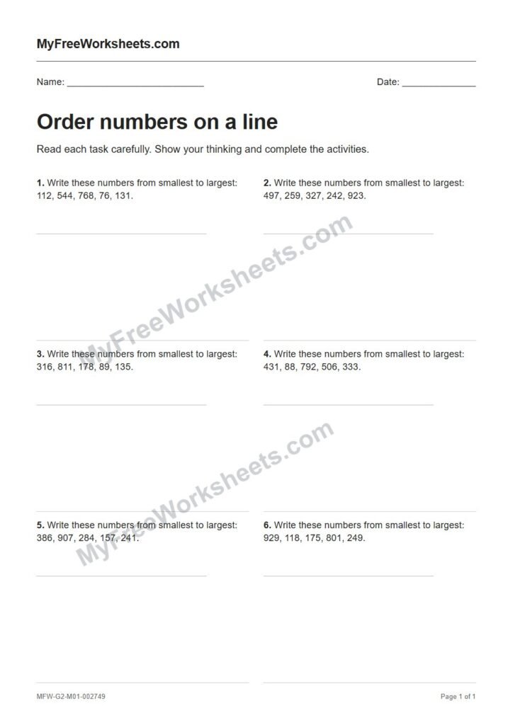 Order numbers on a line worksheet preview