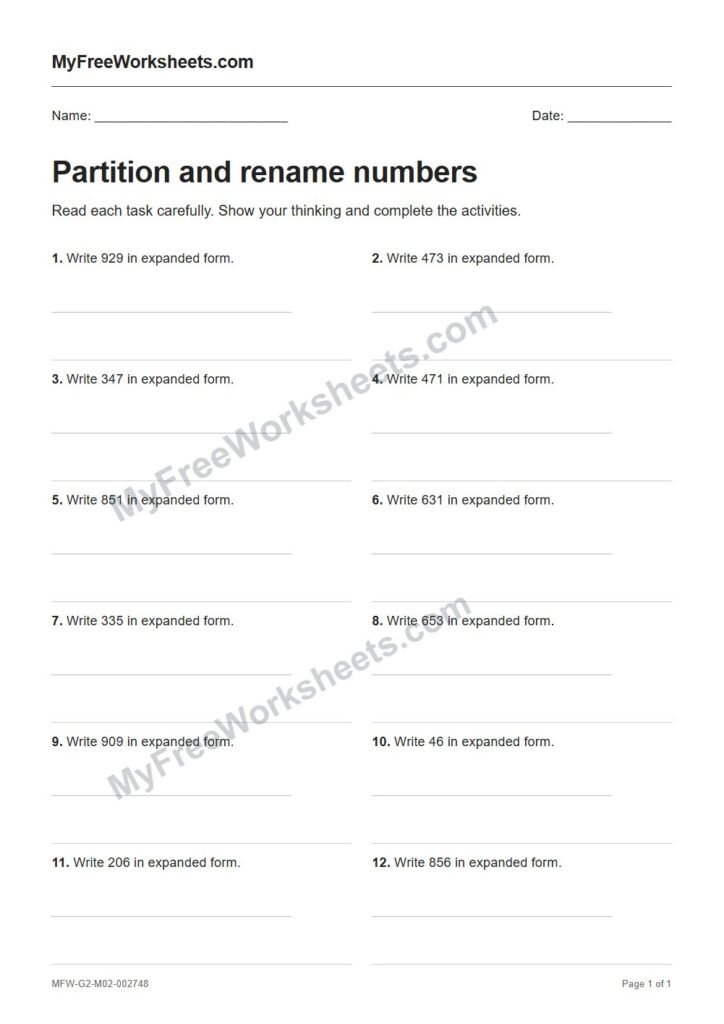 Partition and rename numbers worksheet preview