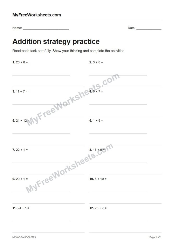 Addition strategy practice worksheet preview