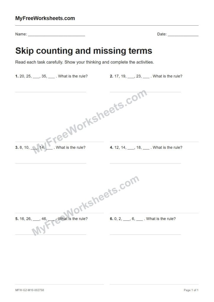 Skip counting and missing terms worksheet preview