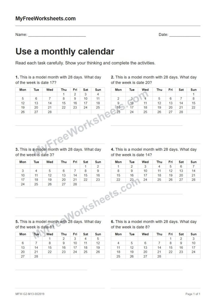 Use a monthly calendar worksheet preview