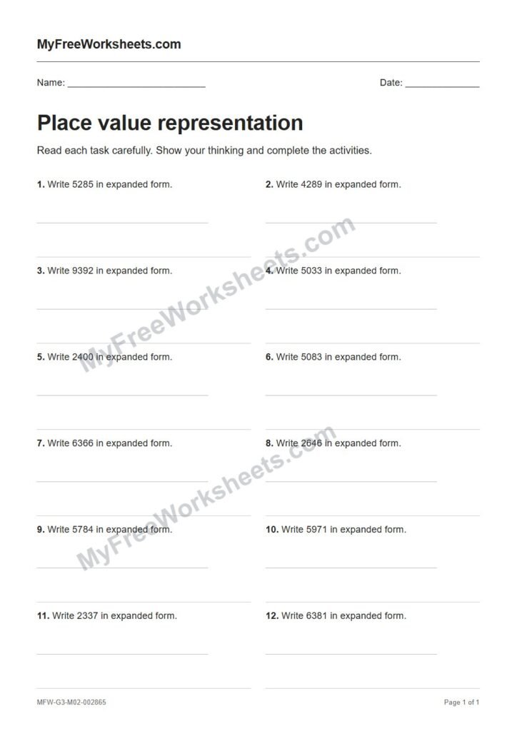 Place value representation worksheet preview