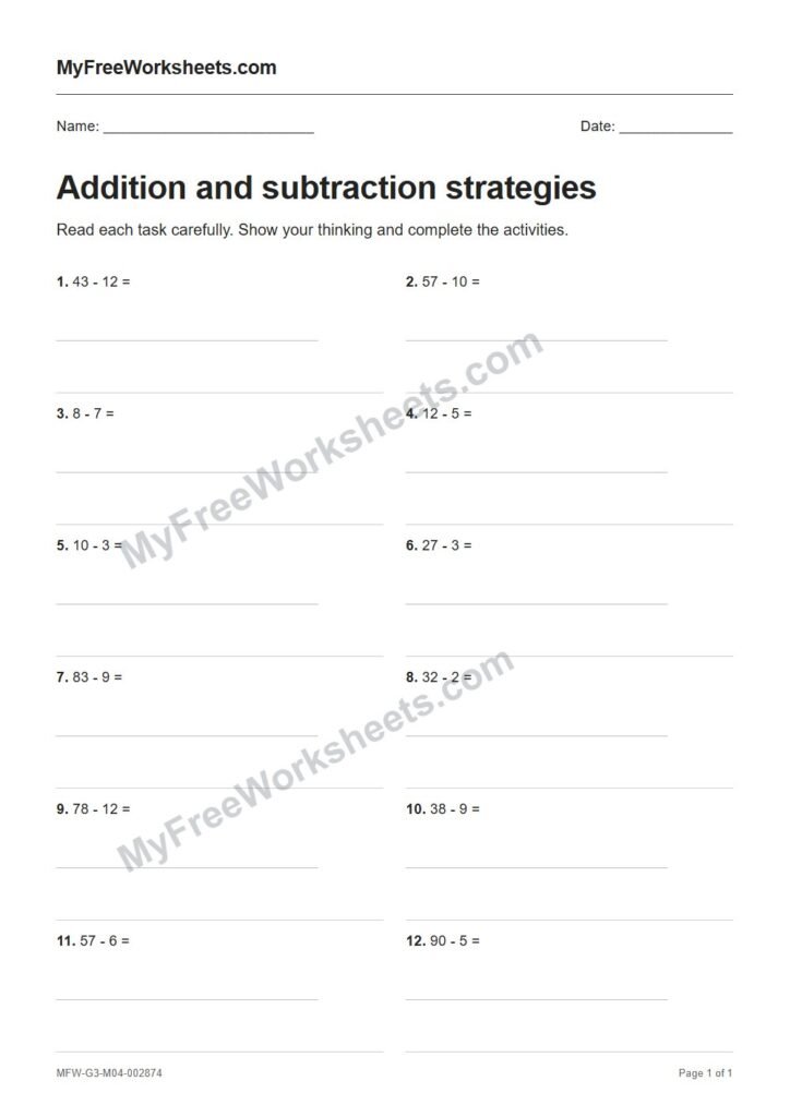 Addition and subtraction strategies worksheet preview