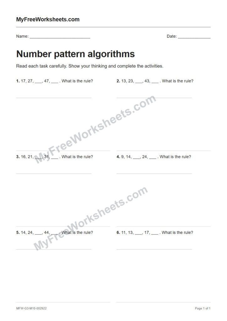 Number pattern algorithms worksheet preview