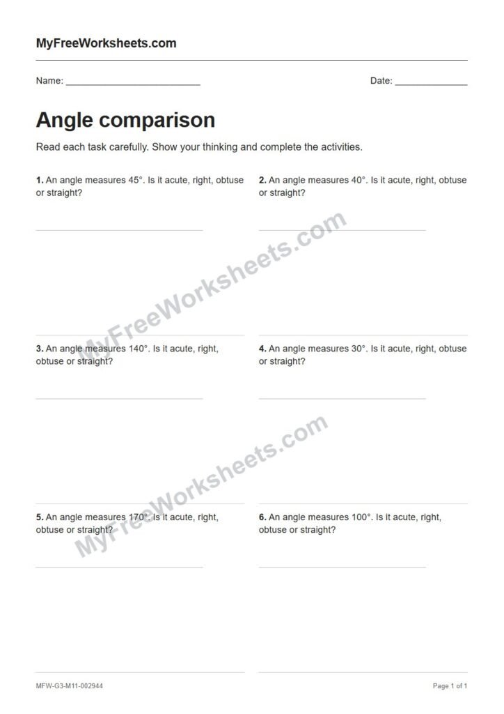 Angle comparison worksheet preview