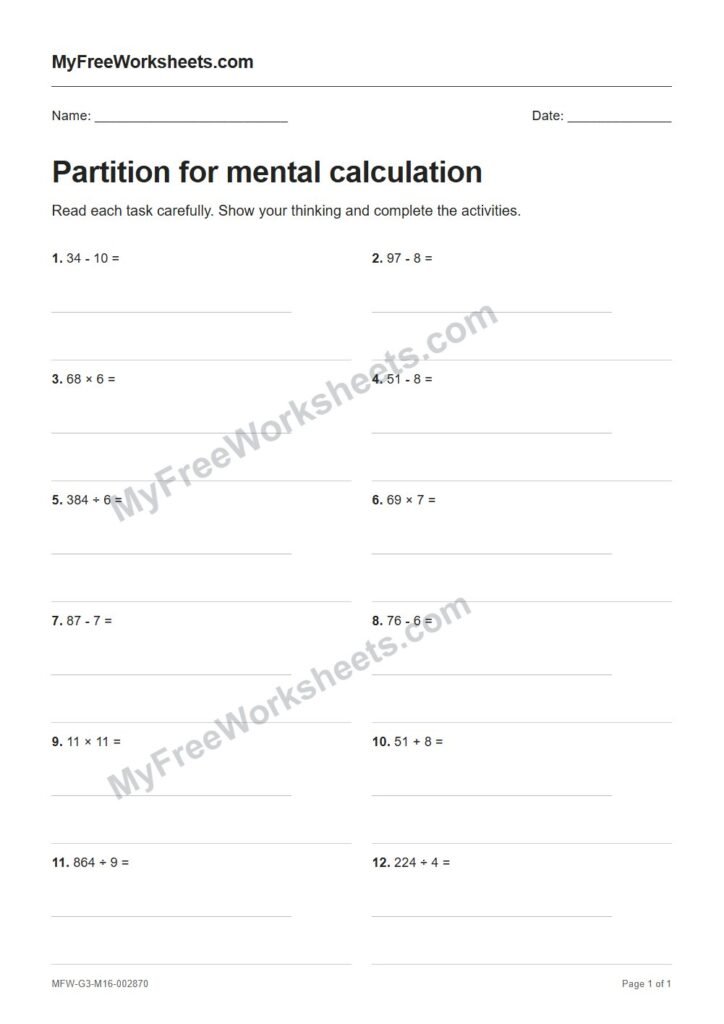 Partition for mental calculation worksheet preview