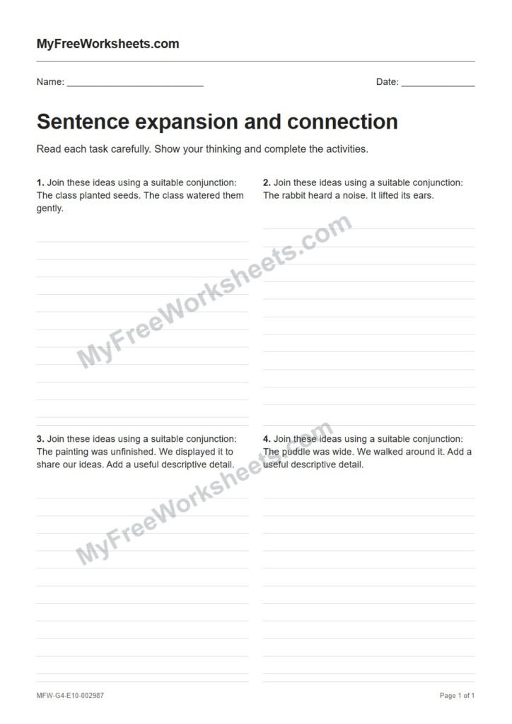 Sentence expansion and connection worksheet preview