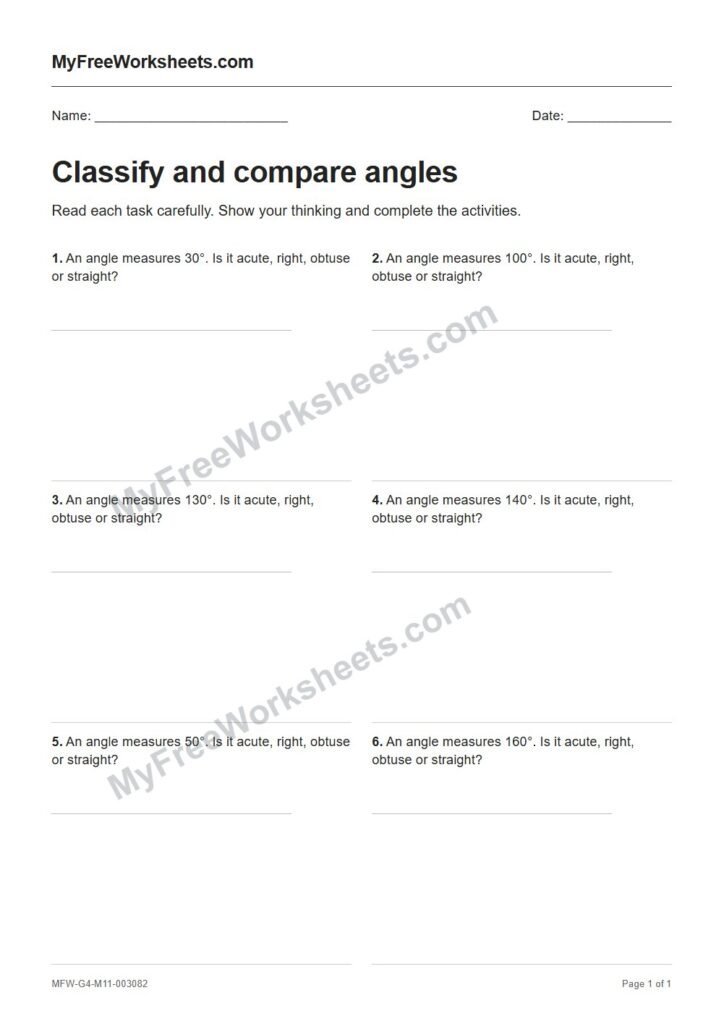 Classify and compare angles worksheet preview