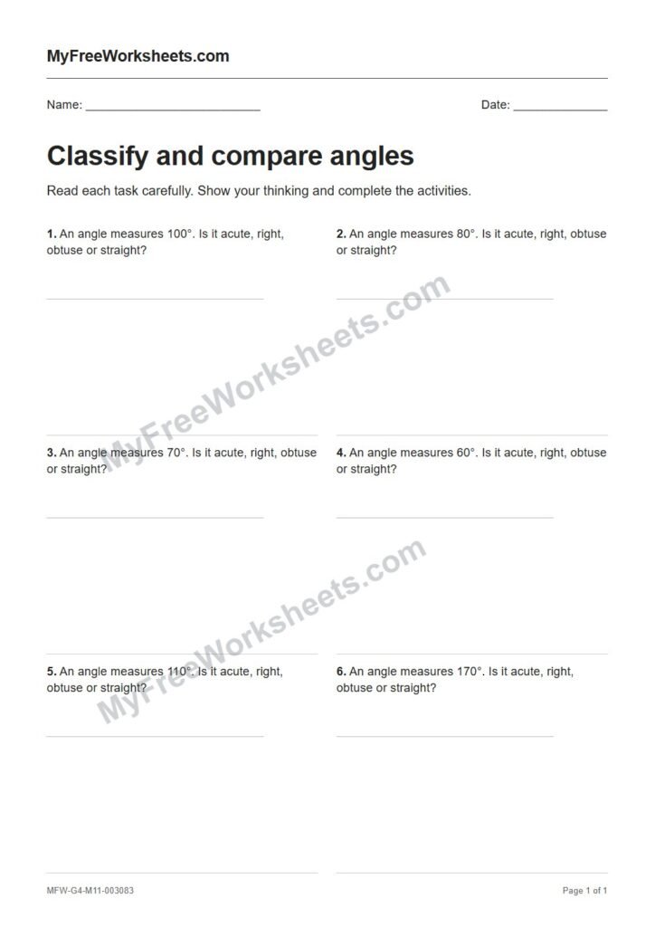 Classify and compare angles worksheet preview