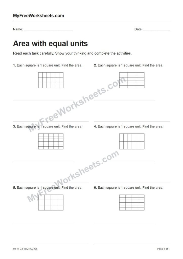 Area with equal units worksheet preview