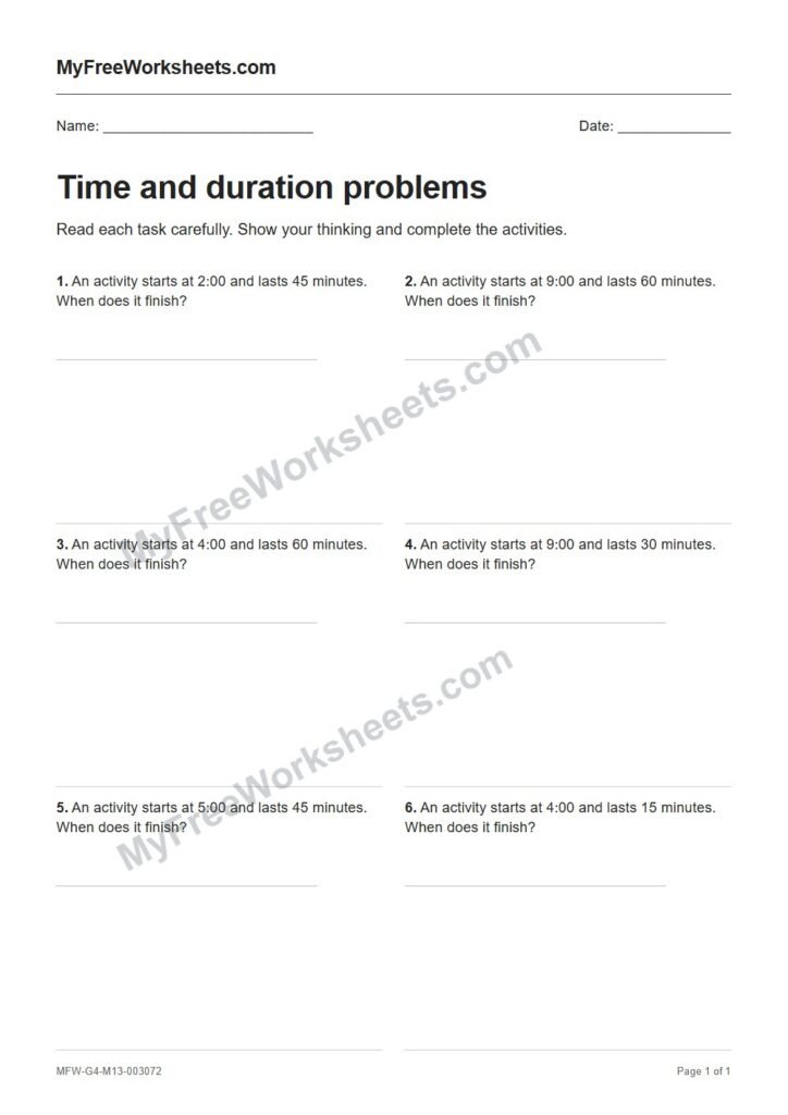 Time and duration problems worksheet preview