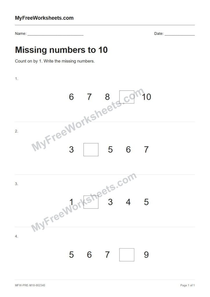 Missing numbers to 10 worksheet preview