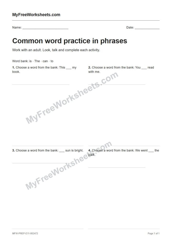 Common word practice in phrases worksheet preview