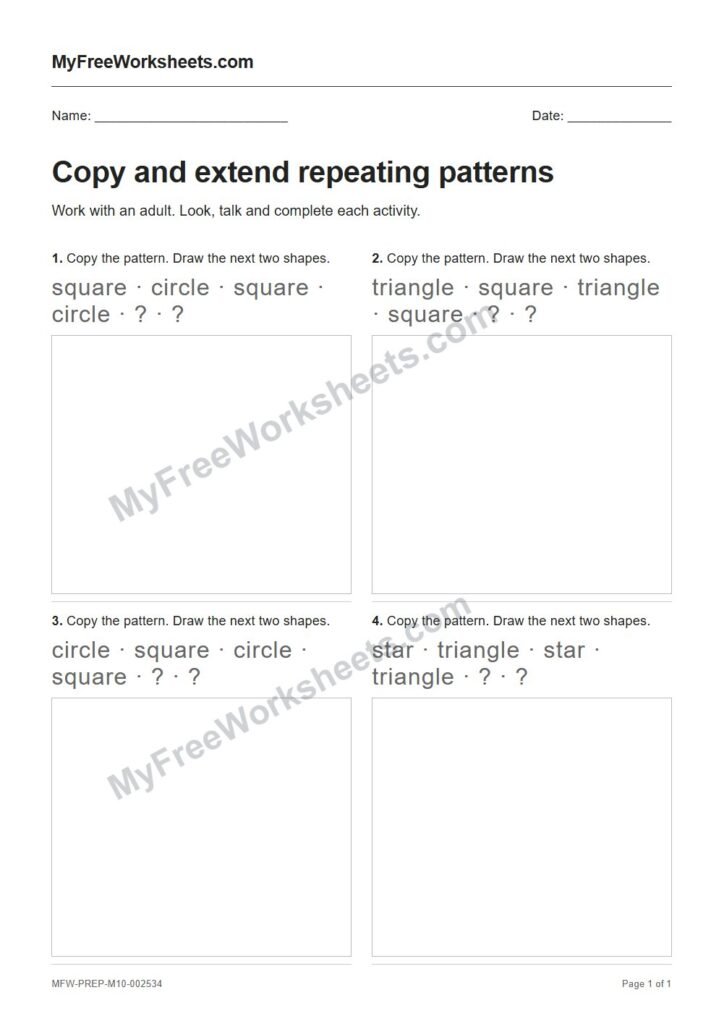 Copy and extend repeating patterns worksheet preview