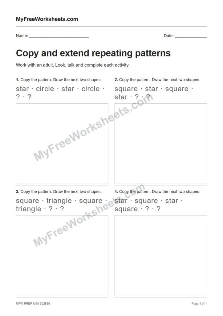 Copy and extend repeating patterns worksheet preview