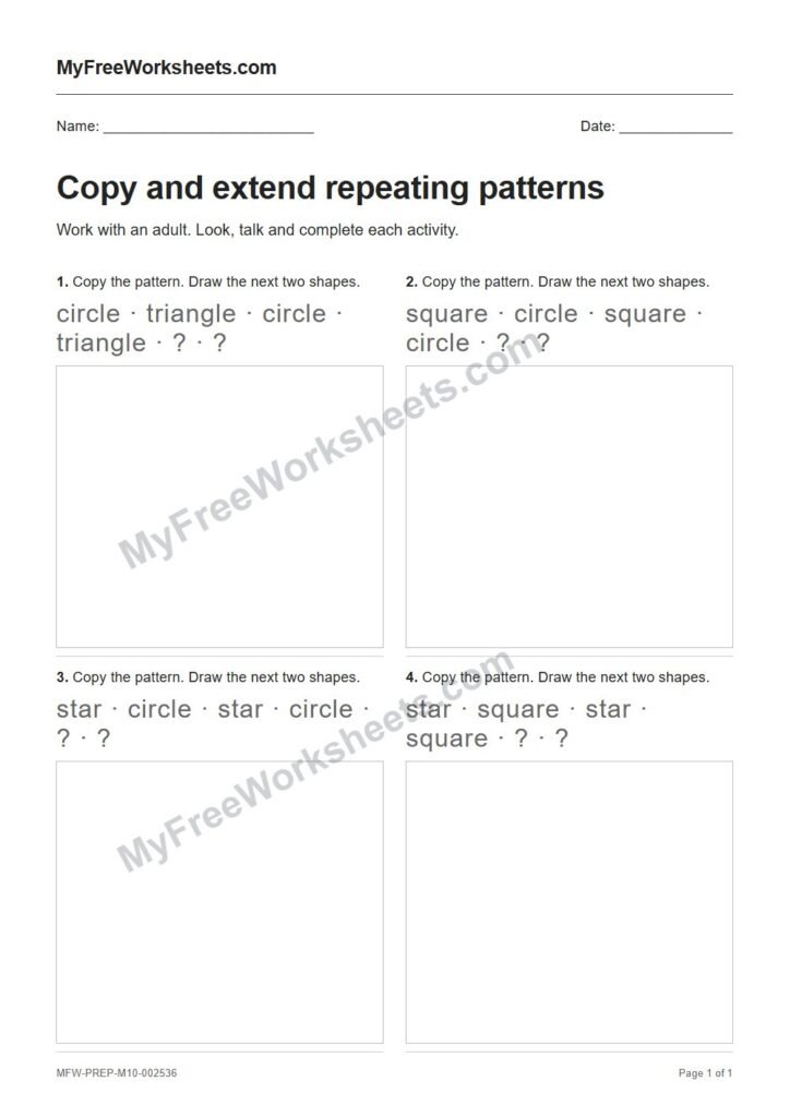 Copy and extend repeating patterns worksheet preview