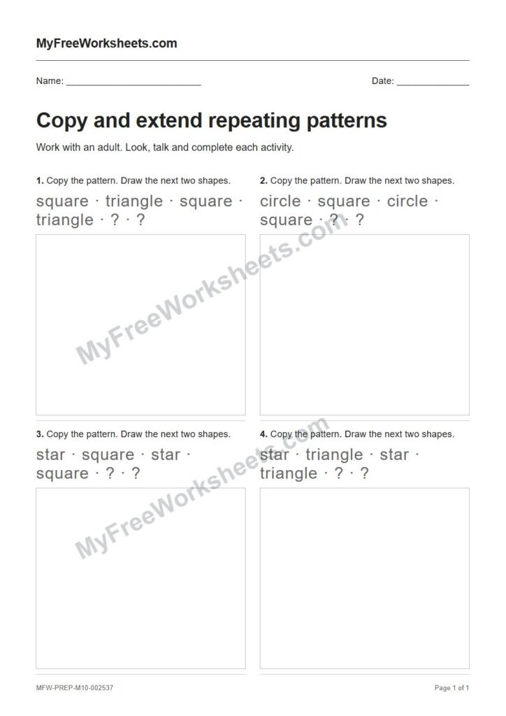 Copy and extend repeating patterns worksheet preview
