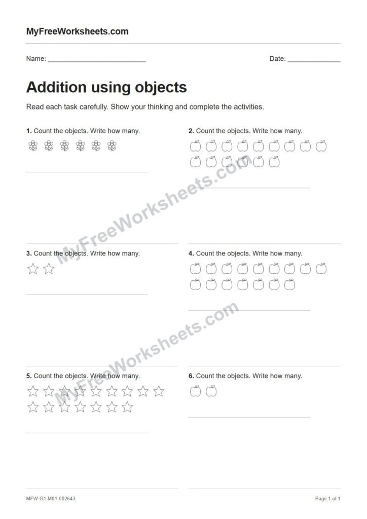 Addition using objects worksheet preview